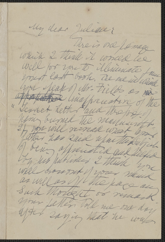Annie Fields autograph letter signed to Julian Hawthorne, [Boston], approximately 1904 June