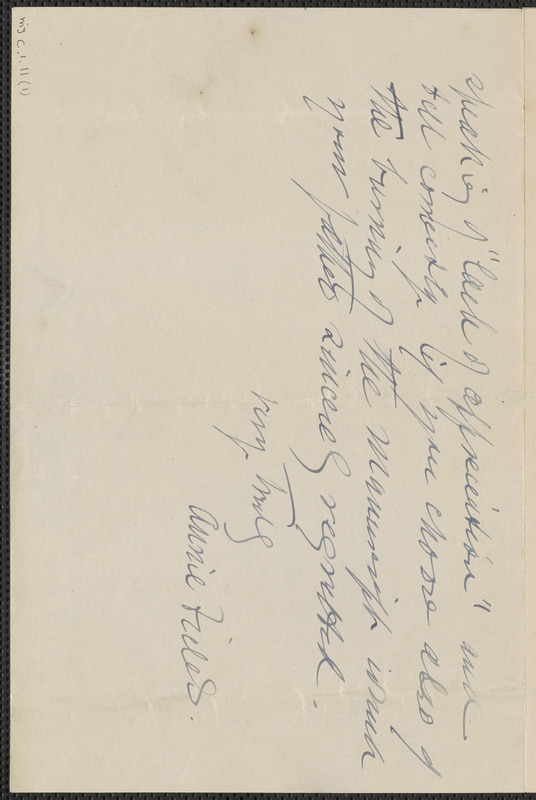 Annie Fields autograph letter signed to Julian Hawthorne, [Boston], approximately 1904 June