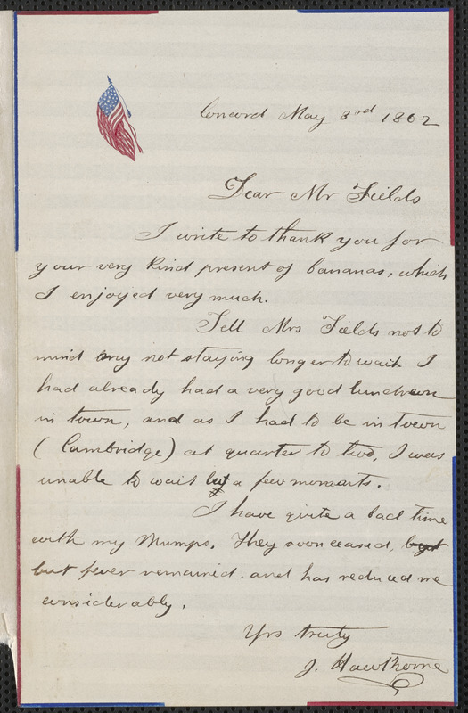 Julian Hawthorne autograph letter signed to James Thomas Fields, Concord, 3 May 1862