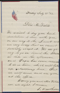 Julian Hawthorne autograph letter signed to James Thomas Fields, [Concord], 25 July 1862
