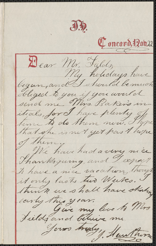Julian Hawthorne autograph letter signed to James Thomas Fields, Concord, 22 November 1863