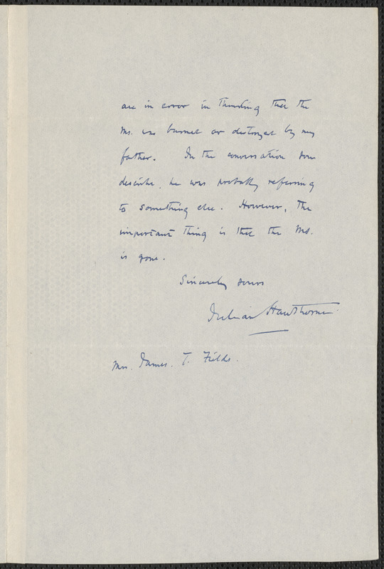 Julian Hawthorne autograph letter signed to Annie Adams Fields, Yonkers, N.Y., 22 June 1904