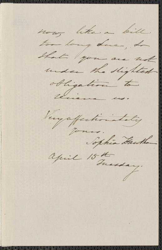 Sophia Hawthorne autograph note signed to Annie Adams Fields, [Concord], 15 April [1861?]