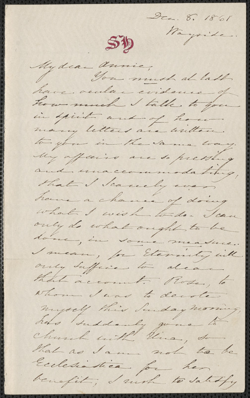 Sophia Hawthorne autograph letter to Annie Adams Fields,[The Wayside [Concord], 8 December 1861