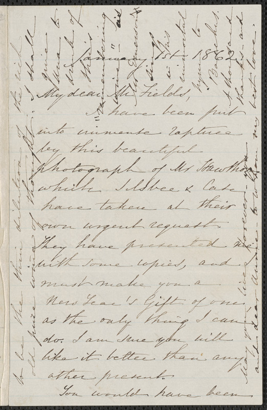 Sophia Hawthorne autograph letter signed to James Thomas Fields, [Concord], 1 January 1862