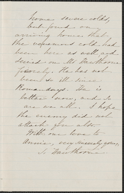 Sophia Hawthorne autograph letter signed to James Thomas Fields, [Concord], approximately January 1862