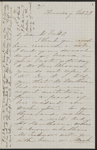 Sophia Hawthorne autograph letter signed to James Thomas Fields, [Concord], 20 February [1862]