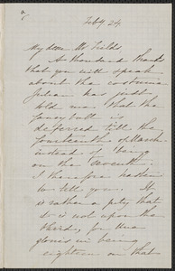 Sophia Hawthorne autograph note signed to James Thomas Fields, [Concord], 24 February [1862]