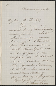 Sophia Hawthorne autograph note signed to James Thomas Fields, [Concord], 26 [February 1862]