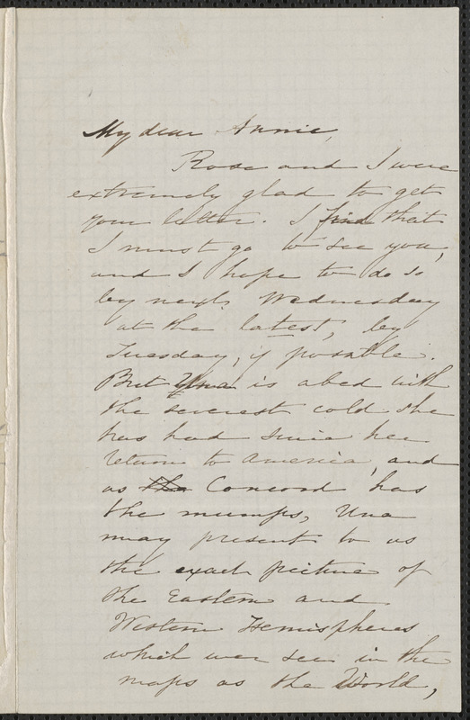 Sophia Hawthorne autograph letter signed to Annie Adams Fields, [Concord], 11 April 1862