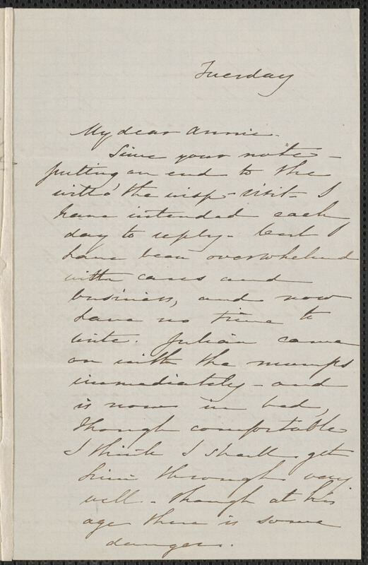 Sophia Hawthorne autograph letter signed to Annie Adams Fields, [Concord], approximately April 1862
