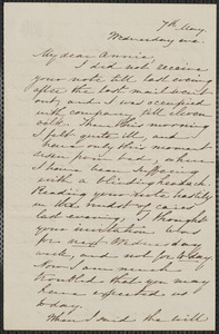 Sophia Hawthorne autograph letter signed to Annie Adams Fields, [Concord], 7 May [1862]