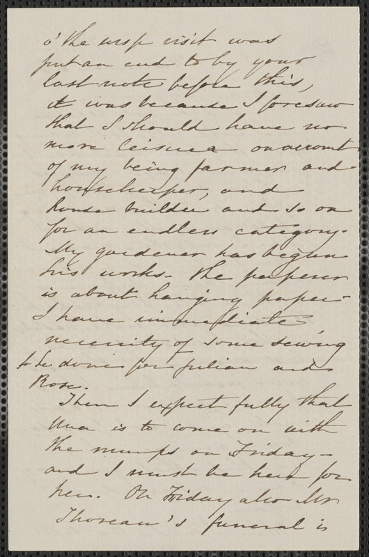 Sophia Hawthorne autograph letter signed to Annie Adams Fields, [Concord], 7 May [1862]