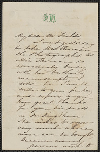 Sophia Hawthorne autograph note signed to James Thomas Fields, [Concord], 17 June [1862]