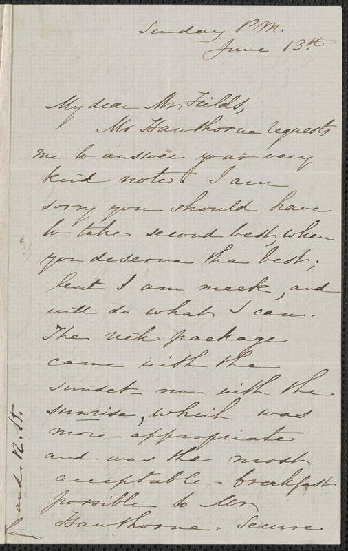 Sophia Hawthorne autograph letter signed to James Thomas Fields, [Concord], 13 [July 1862]
