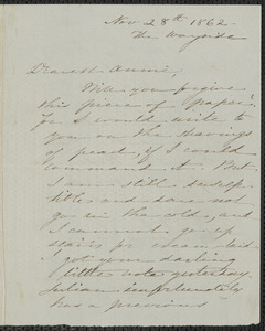 Sophia Hawthorne autograph letter signed to Annie Adams Fields, The Wayside [Concord], 28 November 1862