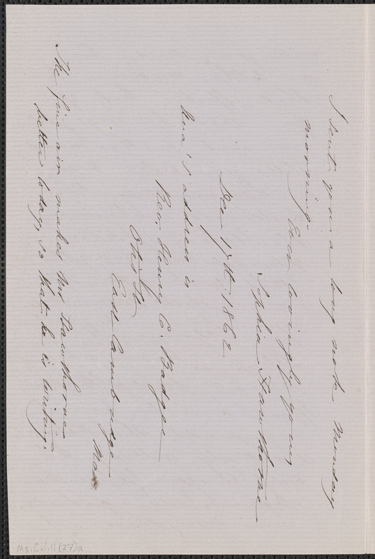 Sophia Hawthorne autograph letter signed to Annie Adams Fields, [Concord], 17 December 1862