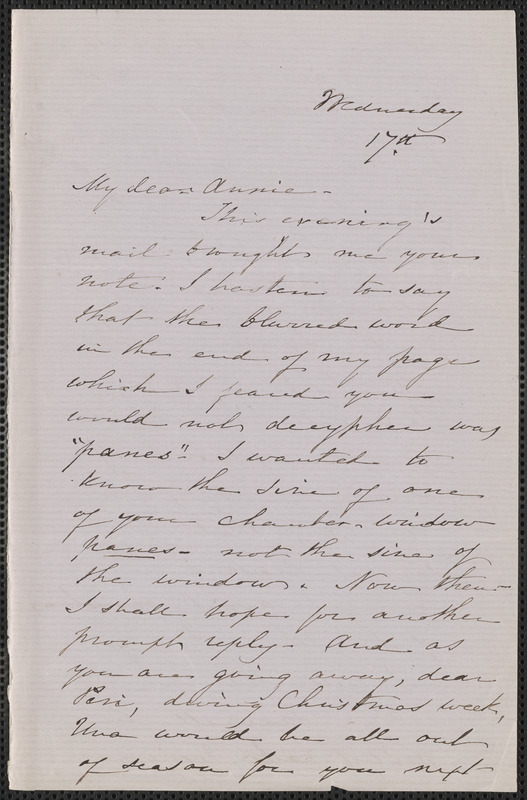 Sophia Hawthorne autograph letter signed to Annie Adams Fields, [Concord], 17 [December 1862]