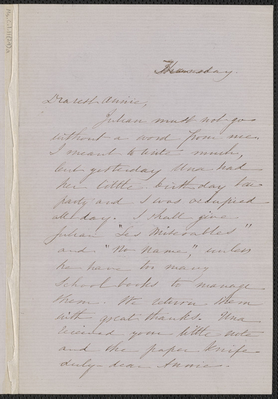 Sophia Hawthorne autograph letter signed to Annie Adams Fields, [Concord, 5 March 1863]