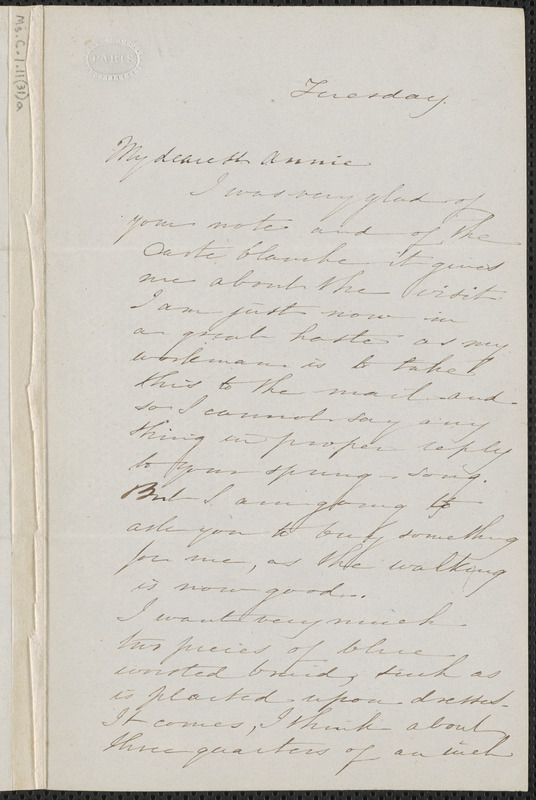 Sophia Hawthorne autograph letter signed to Annie Adams Fields, [March 1863]