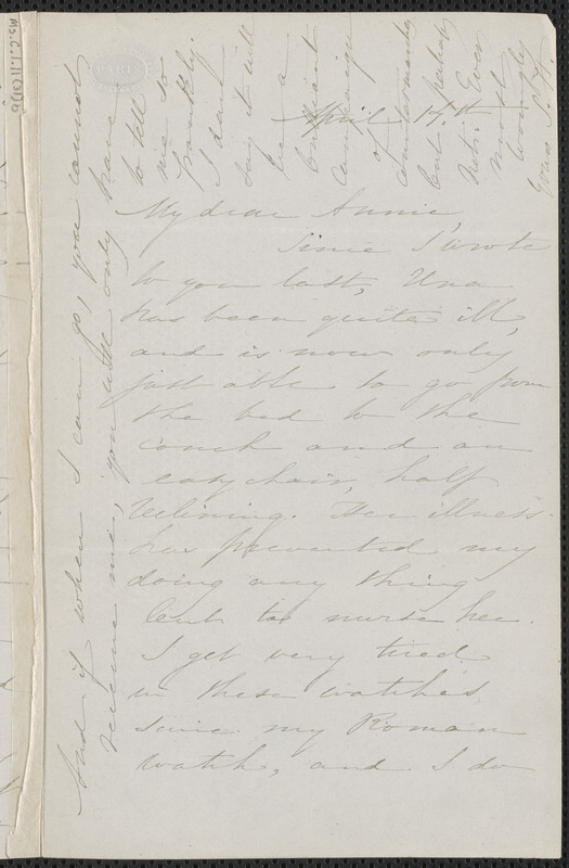 Sophia Hawthorne autograph note signed to Annie Adams Fields, approximately 14 April 1863