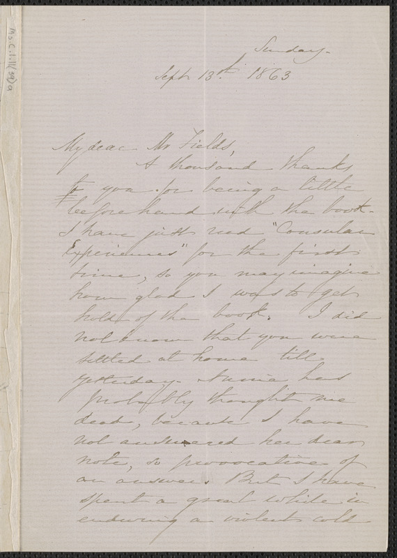 Sophia Hawthorne autograph letter signed to James Thomas Fields, [Concord], 13 September 1863