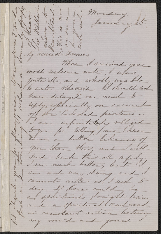 Sophia Hawthorne autograph letter signed to Annie Adams Fields, [Concord], 25 January [1864]