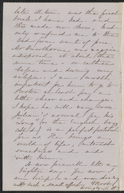 Sophia Hawthorne autograph letter signed to Annie Adams Fields, [Concord], 25 January [1864]
