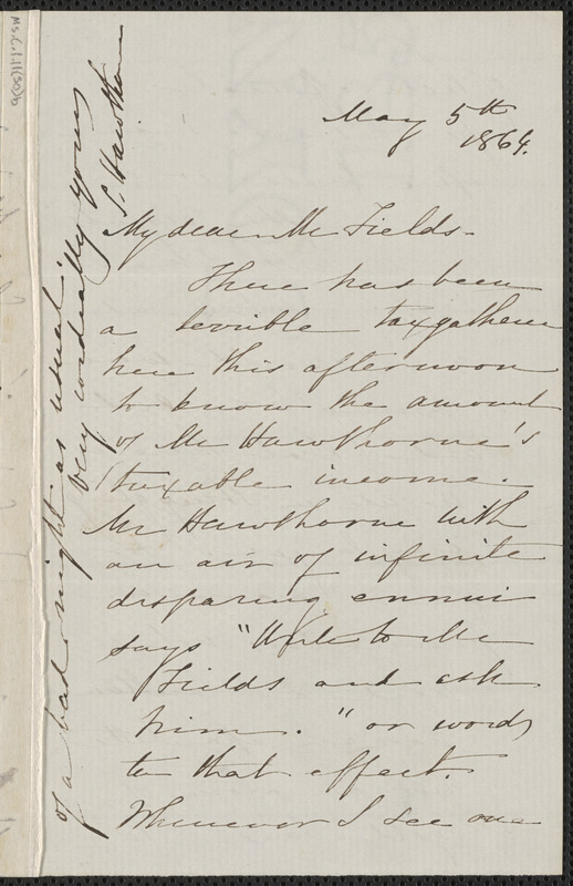 Sophia Hawthorne autograph letter signed to James Thomas Fields, [Concord], 5 May 1864