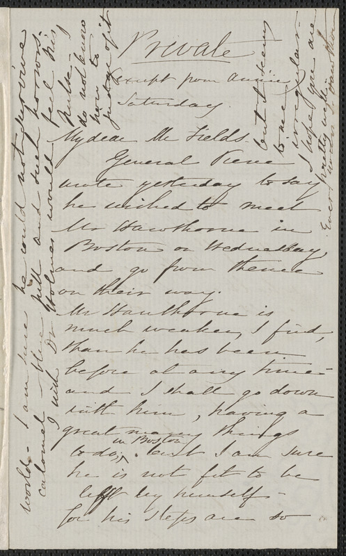 Sophia Hawthorne autograph letter signed to James Thomas Fields, [Concord, 7 May 1864]