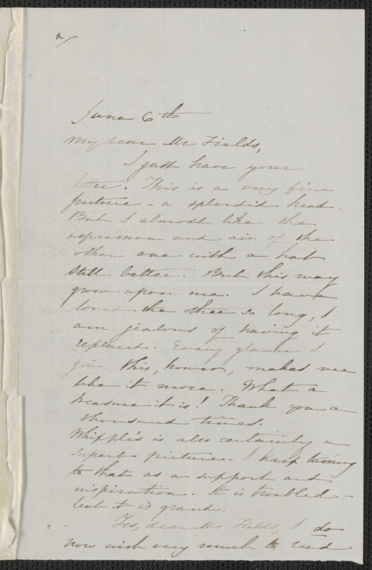 Sophia Hawthorne autograph letter signed to James Thomas Fields, [Concord], 6 June [1864]