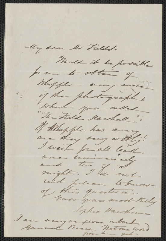Sophia Hawthorne autograph note signed to James Thomas Fields, [Concord], approximately 7 June 1864