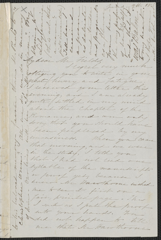 Sophia Hawthorne autograph letter signed to James Thomas Fields, [Concord], 9 June 1864