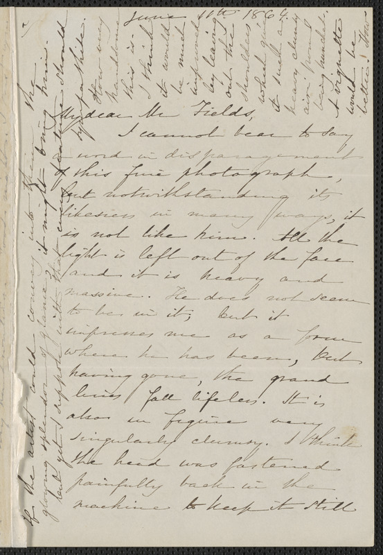 Sophia Hawthorne autograph note signed James Thomas Fields, [Concord], 11 June 1864