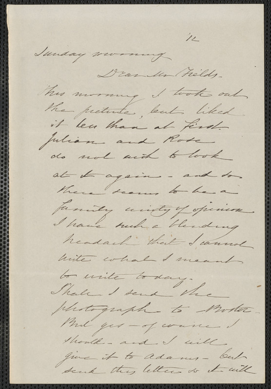 Sophia Hawthorne autograph letter signed to James Thomas Fields, [Concord], 12 [June 1864]