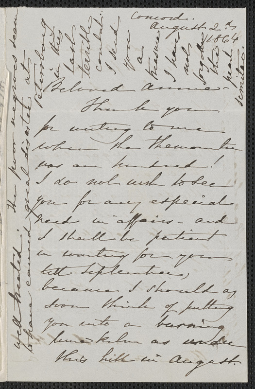 Sophia Hawthorne autograph letter signed to Annie Adams Fields, [Concord], 2 August 1864