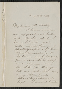 Sophia Hawthorne autograph letter signed to James Thomas Fields, [Concord], 21 August 1864