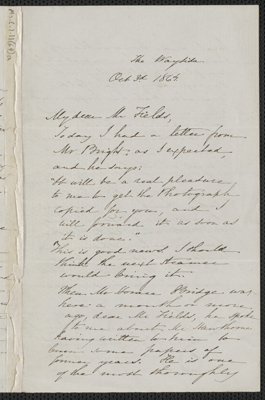 Sophia Hawthorne autograph letter signed to James Thomas Fields, [The Wayside Concord], 3 October 1864