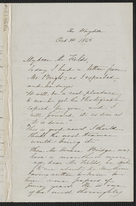 Sophia Hawthorne autograph letter signed to James Thomas Fields, [The Wayside Concord], 3 October 1864