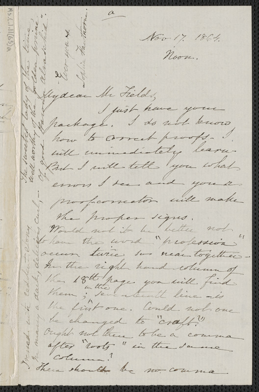 Sophia Hawthorne autograph letter signed to James Thomas Fields, [Concord], 17 November 1864