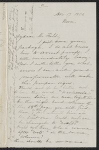 Sophia Hawthorne autograph letter signed to James Thomas Fields, [Concord], 17 November 1864