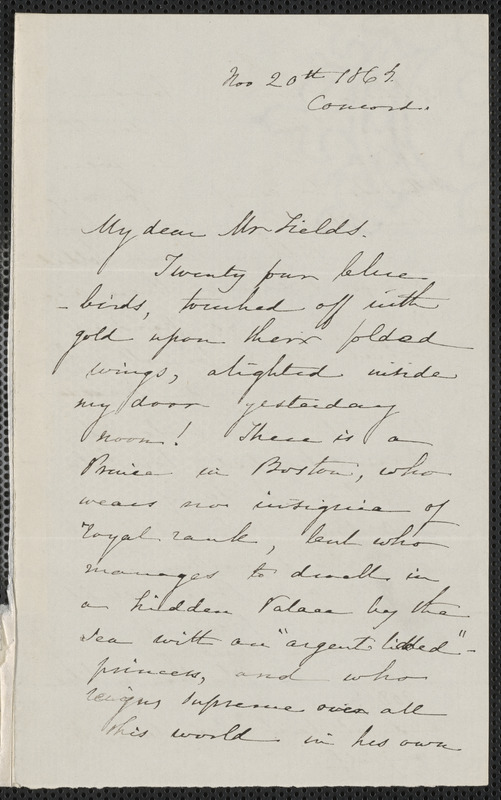 Sophia Hawthorne autograph letter to James Thomas Fields, [Concord], 20 November 1864