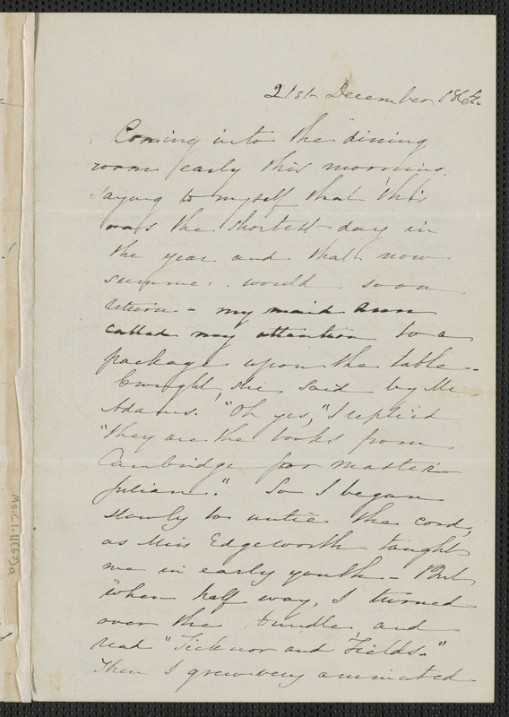 Sophia Hawthorne autograph letter signed [James Thomas Fields, Concord], 21 December 1864