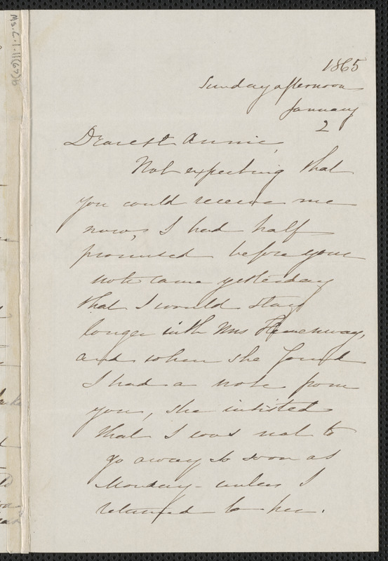 Sophia Hawthorne autograph letter signed to Annie Adams Fields, 2 January 1865