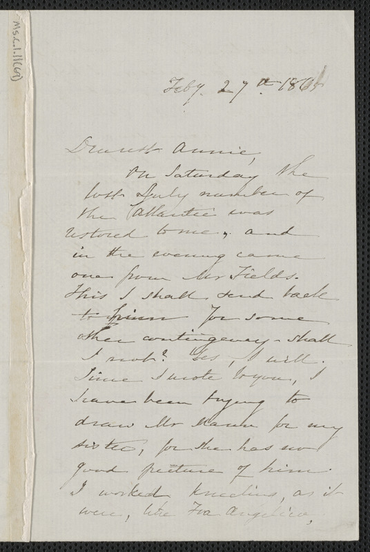 Sophia Hawthorne autograph letter signed to Annie Adams Fields, [Concord], 27 February 1865