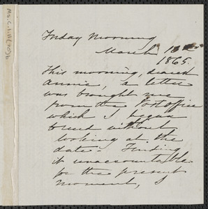 Sophia Hawthorne autograph note signed to Annie Adams Fields, [Concord], 10 March 1865