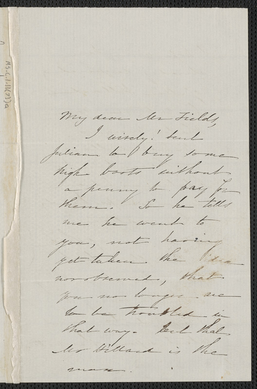 Sophia Hawthorne autograph letter signed to James Thomas Fields, [Concord], 12 March 1865
