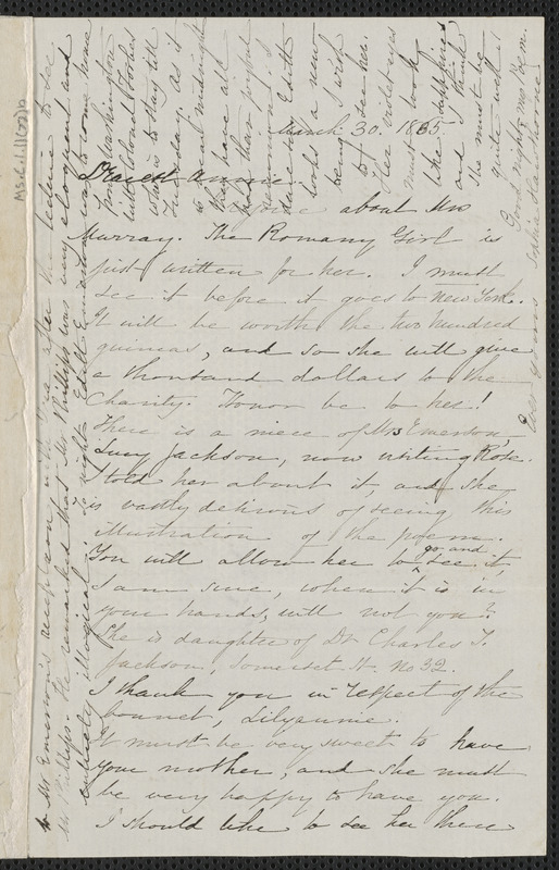 Sophia Hawthorne autograph letter signed to Annie Adams Fields, [Concord], 30 March 1865