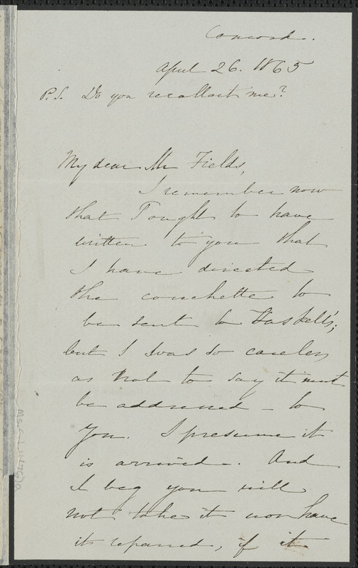 Sophia Hawthorne autograph letter signed to James Thomas Fields, [Concord], 26 April 1865