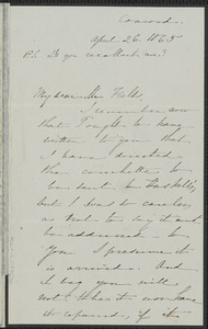 Sophia Hawthorne autograph letter signed to James Thomas Fields, [Concord], 26 April 1865